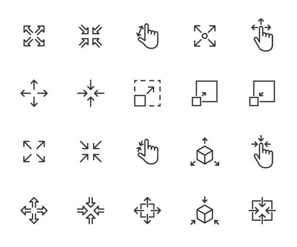 illustrations, cliparts, dessins animés et icônes de ensemble vectoriel d’icônes de ligne de mise à l’échelle. contient des icônes redimensionner, augmenter, diminuer, évolutivité et plus encore. pixel parfait. - instrument de mesure