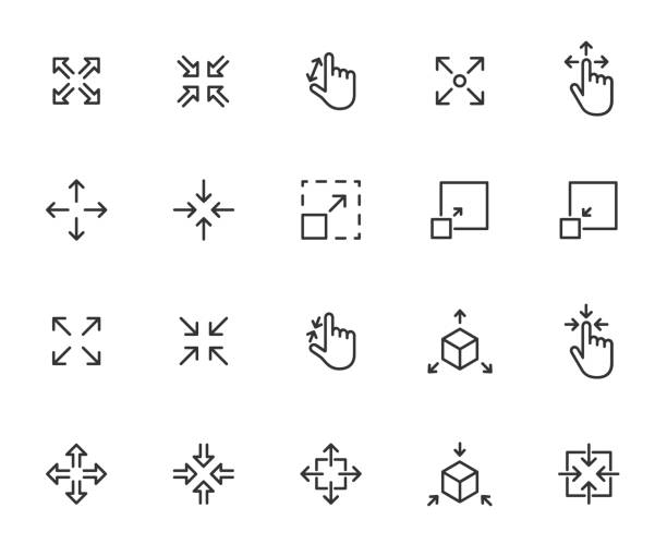 illustrations, cliparts, dessins animés et icônes de ensemble vectoriel d’icônes de ligne de mise à l’échelle. contient des icônes redimensionner, augmenter, diminuer, évolutivité et plus encore. pixel parfait. - mesurer