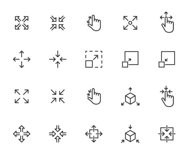 Vector set of scaling line icons. Contains icons resize, increase, decrease, scalability and more. Pixel perfect. Vector set of scaling line icons. Contains icons resize, increase, decrease, scalability and more. Pixel perfect. large stock illustrations