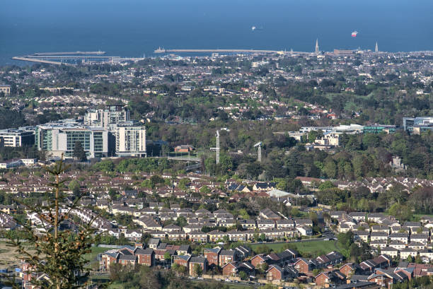 Amazing aerial view of Southeastern Dublin and Dun Loaoghaire harbor taken form Ticknock Forest during the COVID-19 outbreak, Dublin, Ireland