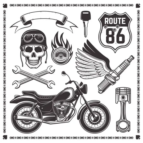 Vector illustration of Set of motorcycle and attributes of bikers vector design elements in monochrome style isolated on white background with frame of motor chain