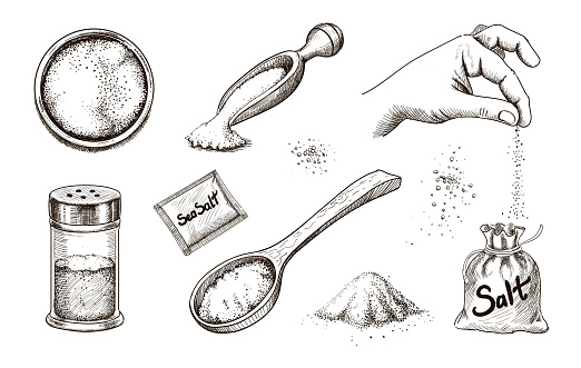 Collection of hand drawn sea salt. Salting crystals. Glass bottles and salt shaker and packaging sketch vector set.