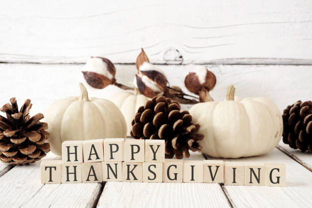 Happy Thanksgiving greeting against white wood with white pumpkins and brown autumn decor Happy Thanksgiving greeting on wooden blocks against a white wood background with white pumpkins and brown autumn decor thanksgiving holiday card stock pictures, royalty-free photos & images