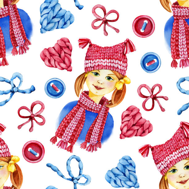 Seamless pattern with a girl in a knitted hat, scarf, mittens, yarn. Knitting and crocheting. Hand drawn watercolor illustration for design of wallpaper, packaging, wrapper, cover, fabric Seamless pattern with a girl in a knitted hat, scarf, mittens, yarn. Knitting and crocheting. Hand drawn watercolor illustration for design of wallpaper, packaging, wrapper, cover, fabric. knitting textile wool infinity stock illustrations