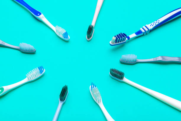 istock Flat lay composition with manual toothbrushes on color background, close up 1278453208