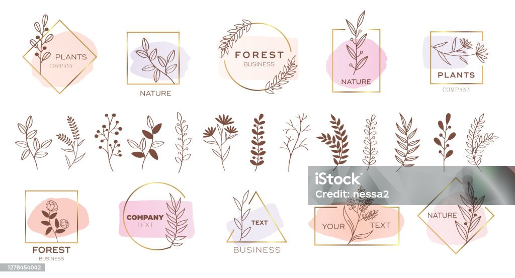 Uppsättning av modern blomma logotyp design med pastellfärger. - Royaltyfri Blomma vektorgrafik