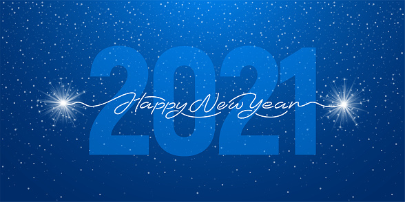 Happy New Year 2021 handwritten lettering with realistic sparklers or bengal lights. Blue background with big digits 2021. Creative artistic design for new year greeting. Vector illustration.