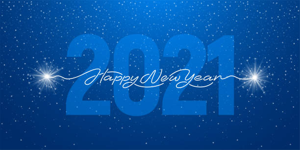 Happy New Year 2021 Handwritten Lettering With Sparklers Happy New Year 2021 handwritten lettering with realistic sparklers or bengal lights. Blue background with big digits 2021. Creative artistic design for new year greeting. Vector illustration. fireworks and sparklers stock illustrations