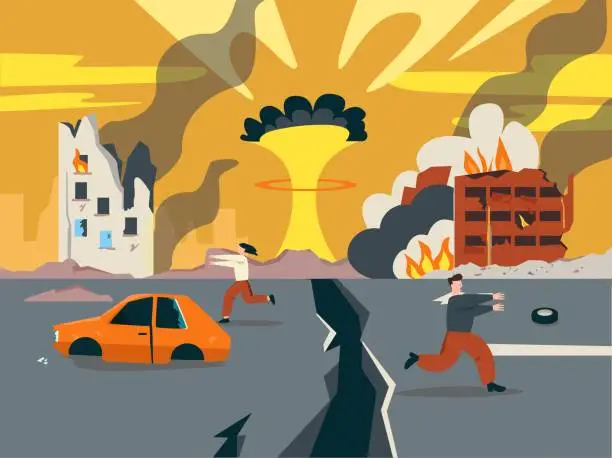 Vector illustration of Doomsday in ruined city illustration. Last days of apocalypse nuclear explosion with split city road.