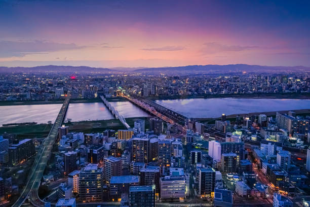 istock Osaka city and river from above at night 1278457189