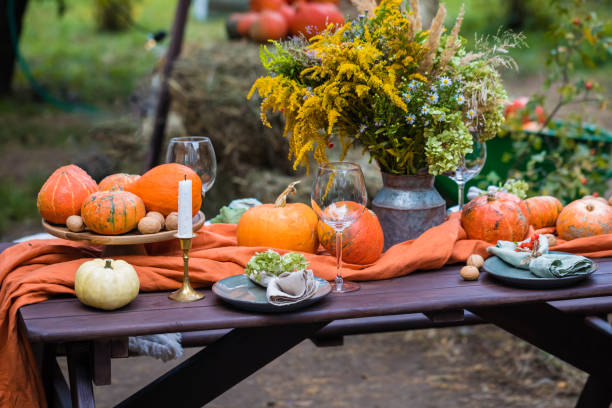 istock Fall themed holiday table setting arrangement for a seasonal party 1278458455