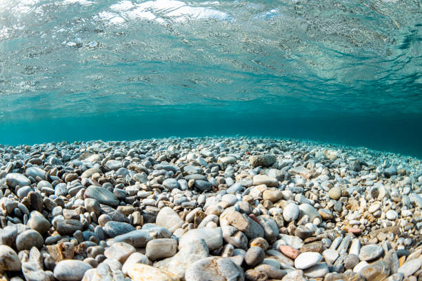 Underwater world with dramatic beauty of crystal clear water and white rocks on the bottom of the sea.