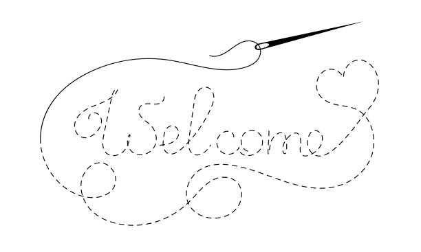 силуэт слова "добро пожаловать" и сердце с прерванным контуром - embroidery thread needle sewing stock illustrations