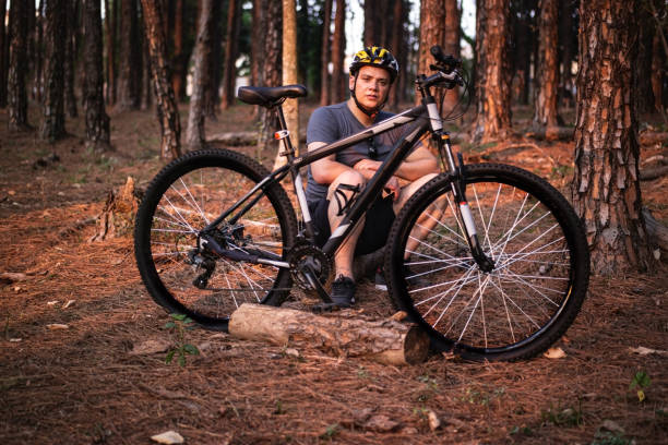istock Bike rider at a pine trees forest. 1278459953