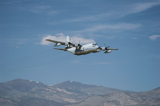 May 08, 2017, United States Airforce and Marine Corps Lockheed C-130 Hercules, aircraft conducting high altitude take-offs and landings at Bishop Airport (KBIH), Bishop California, USA.