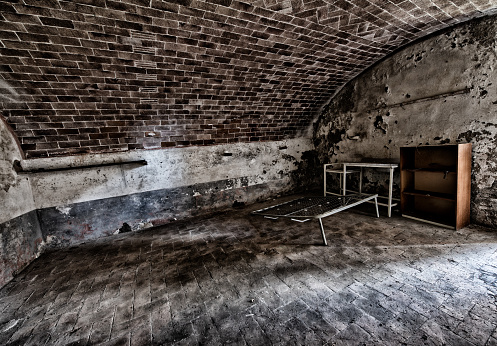 Large entrance hall with columns in old abandoned mansion, Sanatorium Gelati, Tskaltubo.