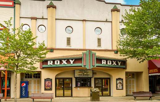 Revelstoke, British Columbia, Canada - June 2018:  Exterior of the Roxy cinema in Revelstoke town centre.