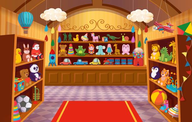 Toy shop with shelves of toys. Big set of colorful toys for children. Cartoon vector illustration. Toy shop with shelves of toys. Big set of colorful toys for children. soft toys, bear, bunny, giraffe, logical toys, toy soldiers, rocket, cars, steam locomotive, balls. Cartoon vector illustration. doll stock illustrations
