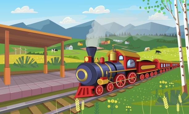 bildbanksillustrationer, clip art samt tecknat material och ikoner med gammalt tåg med järnvägsstation i byn. vektor tecknad illustration. - travel by train