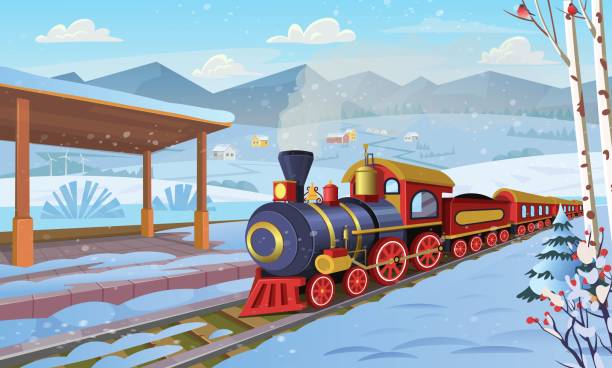 bildbanksillustrationer, clip art samt tecknat material och ikoner med gammalt jultåg med järnvägsstation i byn på vintern. vektor tecknad illustration. - travel by train