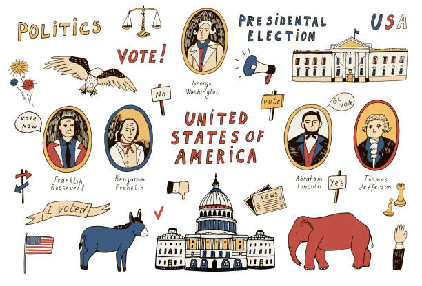 ilustraciones, imágenes clip art, dibujos animados e iconos de stock de votación de ilustraciones electorales presidenciales americanas conjunto de vectores. - voting doodle republican party democratic party