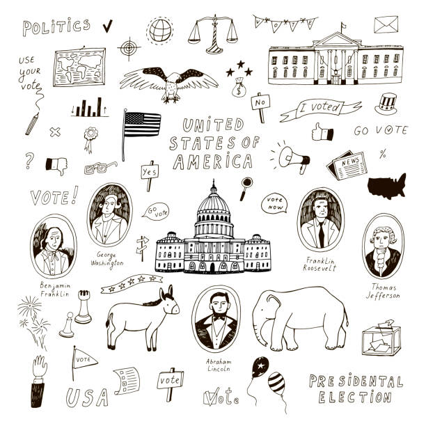 ilustraciones, imágenes clip art, dibujos animados e iconos de stock de votación de ilustraciones electorales presidenciales americanas conjunto de vectores. - voting doodle republican party democratic party