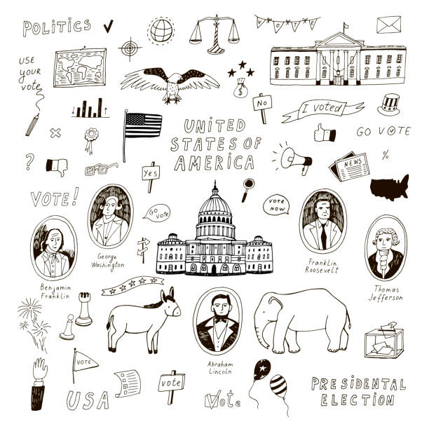 Voting american presidental election illustrations vector set. Voting american presidental election, united staters of america hand drawn doodle line illustrations vector set. democratic party usa illustrations stock illustrations