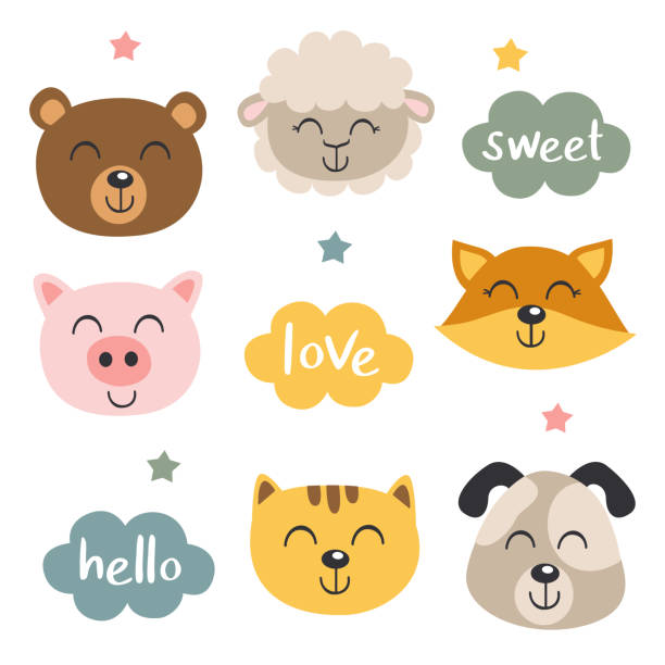 set of isolated baby animals faces and clouds set of isolated baby animals faces and clouds
-  vector illustration, eps bear face stock illustrations