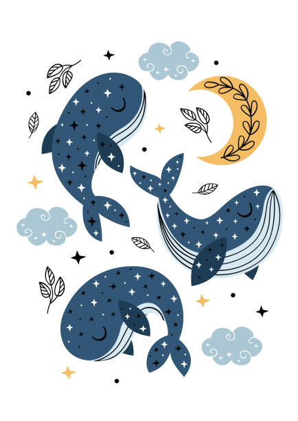poster with celestial whales, moon and clouds poster with celestial whales, moon and clouds
-  vector illustration, eps whale tale stock illustrations