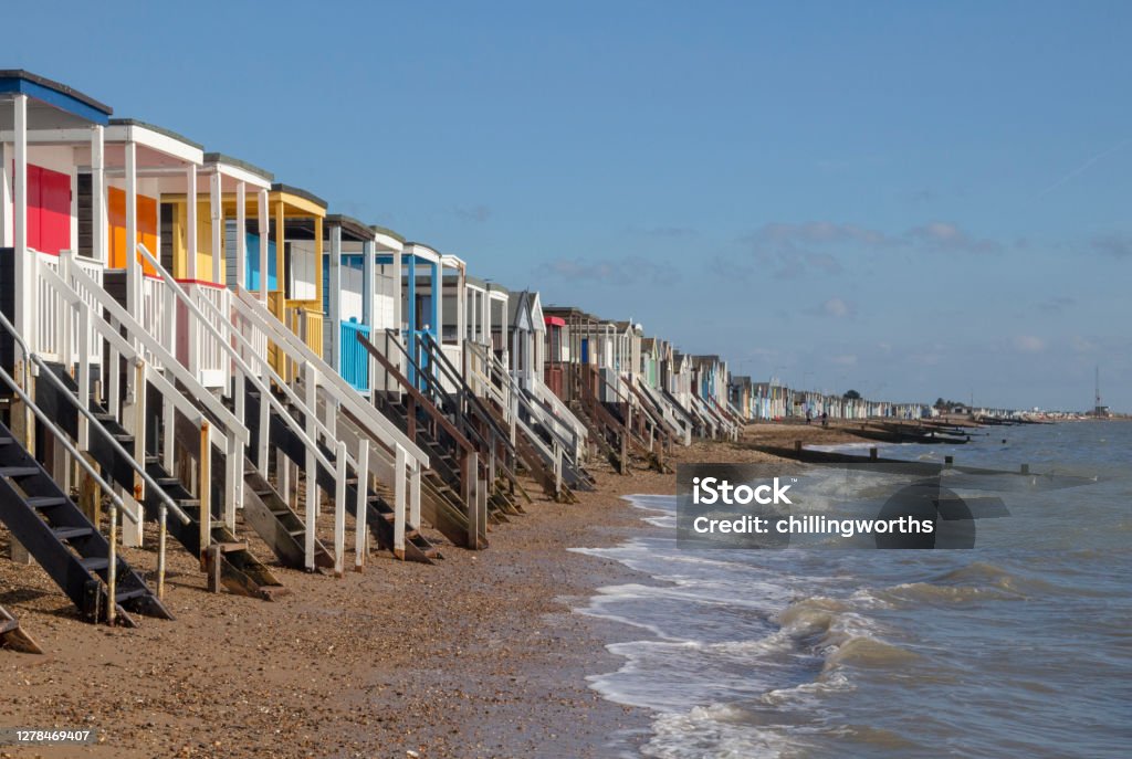 Beach Huts at Thorpe Bay, near Southend-on-Sea, Essex, England Southend-On-Sea Stock Photo