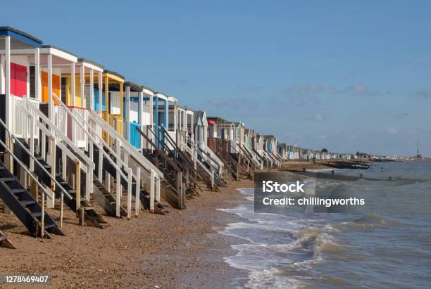 Beach Huts At Thorpe Bay Near Southendonsea Essex England Stock Photo - Download Image Now