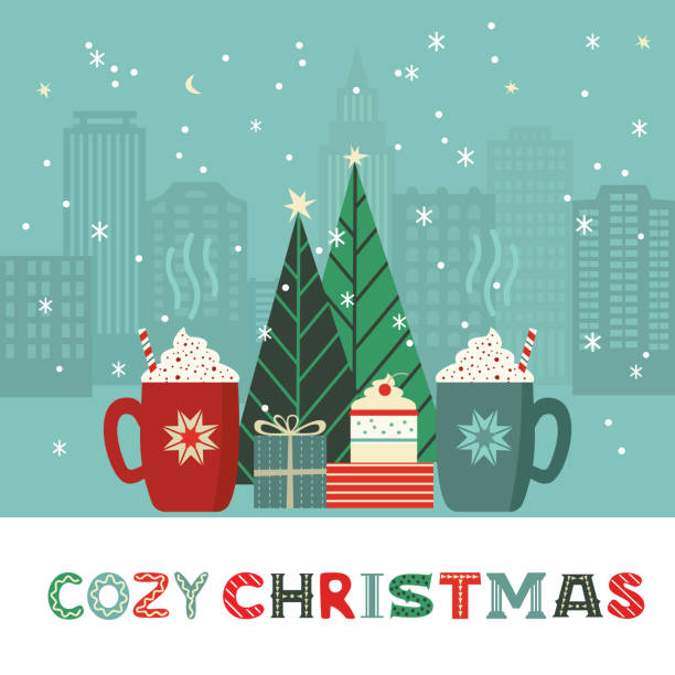 Cozy Christmas hot cocoa mugs cute vector poster Cozy Christmas gift presents cute flat retro color vector poster. Hot cocoa mug, sweet cake, Christmas tree design element. Handdrawn winter season holidays background. Xmas greeting card illustration homemade gift boxes stock illustrations