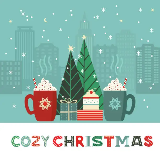 Vector illustration of Cozy Christmas hot cocoa mugs cute vector poster