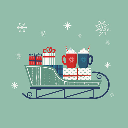 Santa Sleigh vector icon. Christmas snow sledge with gift present boxes, hot cocoa mugs. Flat simple minimal style in retro colors. Winter holiday season new year event design element illustration