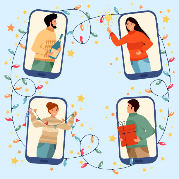Christmas and New Year online. Friends celebrate Christmas and New Year online using mobile phones. Christmas new normal concept with man and woman. Party online, video call. Vector illustration. 2021 illustrations stock illustrations