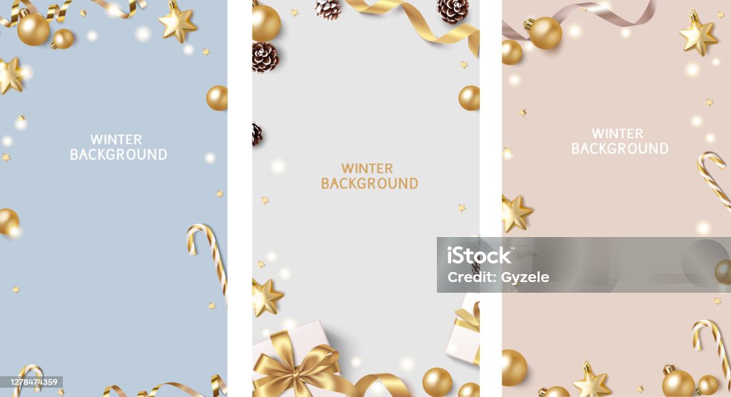 New Year and Christmas design template. Set of colour backgrounds with decorative golden balls and stars. Vector illustration Christmas stock vector