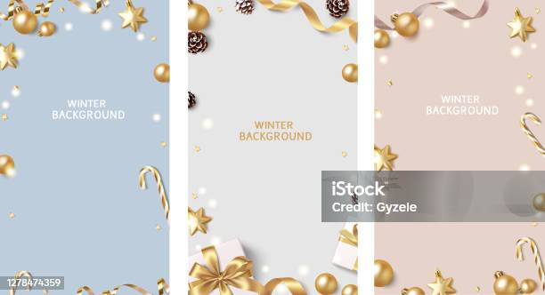 New Year And Christmas Design Template Set Of Colour Backgrounds With Decorative Golden Balls And Stars Stock Illustration - Download Image Now