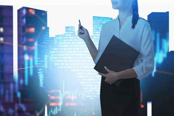 istock Woman with clipboard in city, graph 1278477085