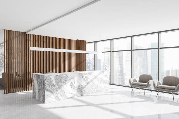 istock Wooden office corner with reception 1278478950