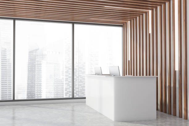 istock White reception table in wooden office corner 1278479163