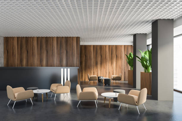 istock Gray and wooden office lounge area 1278480264