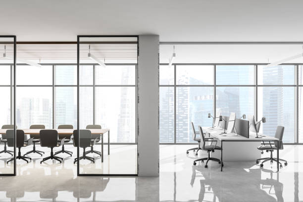 istock White marble office corridor with meeting room 1278481759