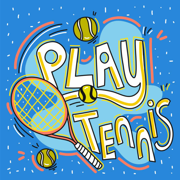 ilustraciones, imágenes clip art, dibujos animados e iconos de stock de juega al tenis lindo doodle ilustración con dibujado a mano símbolos coloridos. - tennis court vector tennis racket