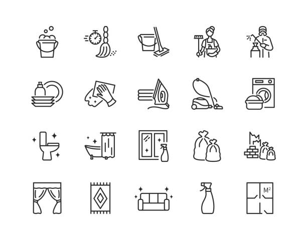 Cleaning service flat line icons set. Vector illustration sections of cleaning company services. Editable strokes. Cleaning service flat line icons set. Vector illustration sections of cleaning company services. Editable strokes cleaning stock illustrations