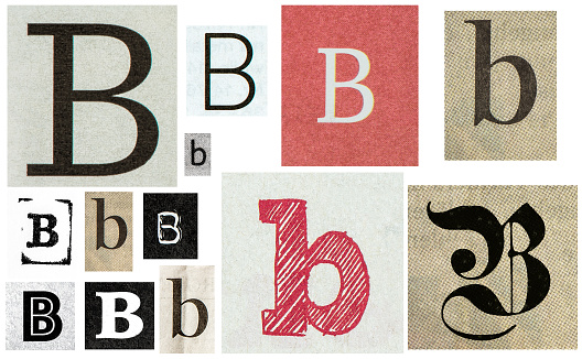 Paper cut letter B. Old newspaper magazine cutouts for creative crafting