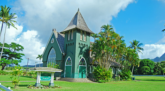 Green Church on Kauai, HI.  Cloudy Skies and lots of trees.  Wai Oli Huia Church.