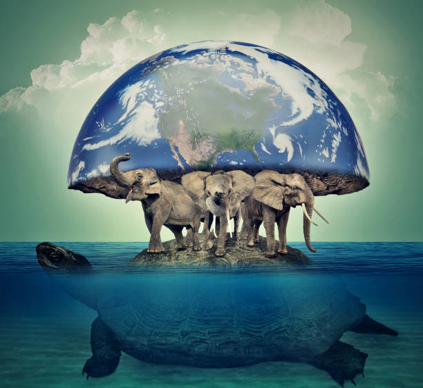Four mighty World Elephants stand upon the carapace of Great A'Tuin the World Turtle, and upon whose massive shoulders revolves the Discworld itself. World turtle swiming in ocean carrying four elephants that carries the earth upon their backs Four mighty World Elephants stand upon the carapace of Great A'Tuin the World Turtle, and upon whose massive shoulders revolves the Discworld itself. Ancient world model, mythical flat Earth concept. astronomer photos stock pictures, royalty-free photos & images