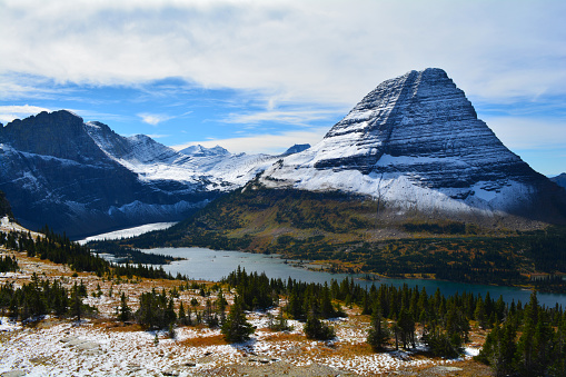 A panoramic view of clear and colorful Lake of Glass surrounded by rugged high peaks of Continental Divide on a sunny Summer day. Rocky Mountain National Park, Colorado, USA.