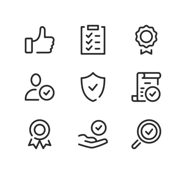 qualitätskontrollliniensymbole festgelegt. moderne grafikdesign-konzepte, schwarze strich-linealsymbole, einfache umrisselemente-sammlung. vektorliniensymbole - medal control computer icon symbol stock-grafiken, -clipart, -cartoons und -symbole