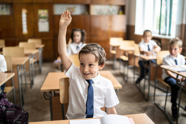 授業中に手を挙げる男子生徒 - 私立学校 ストックフォトと画像